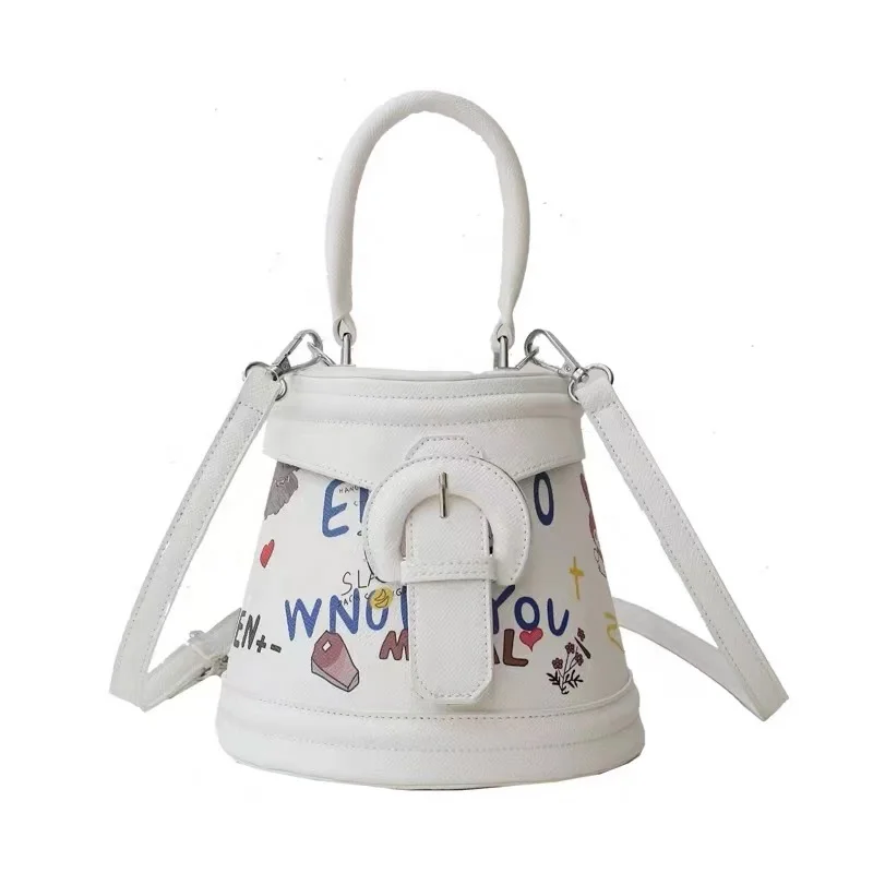

2021 new graffiti fashion handbag high quality Pu bucket bag casual one shoulder messenger bag for women luxury, Khaki, white, black