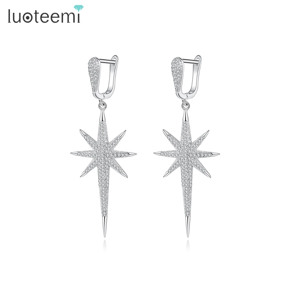 

LUOTEEMI Wholesale Europe Luxury White Full A AA Zircon Star Shape Long Drop Stud Earrings For Women