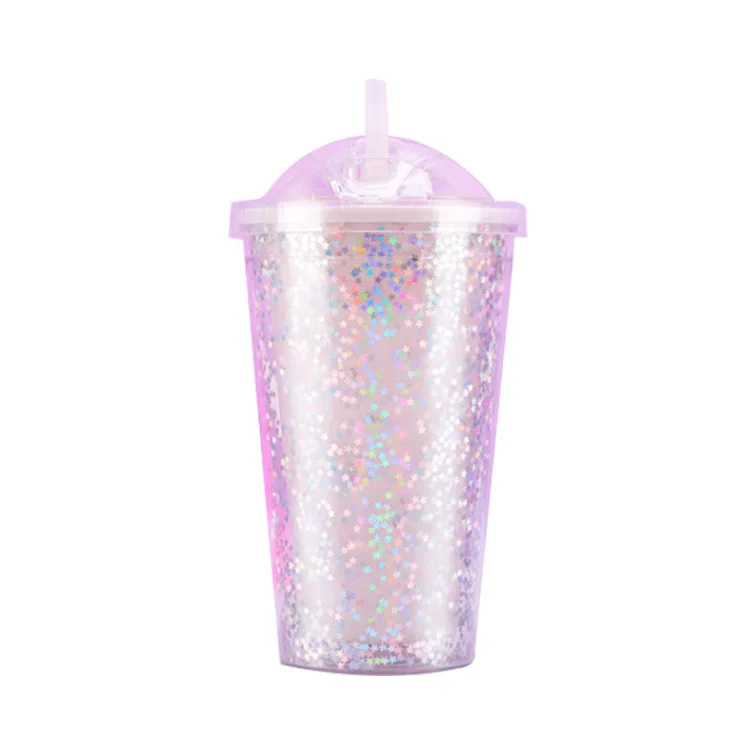 

H23 Creative Star Glitter Graffiti Double Layer Insulated Spillproof Tumbler Cups With Lid Straw Plastic Tumbler Cup, Multi