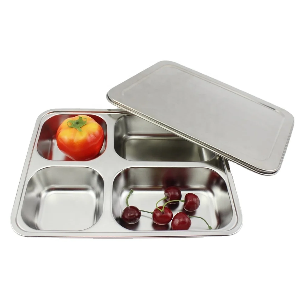 

hot selling stainless steel school lunch tray dinner plate with 4 compartments, Metal true color
