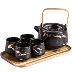 Luxury golden marbled ceramic teapot set creative coffee mug set with wooden tray