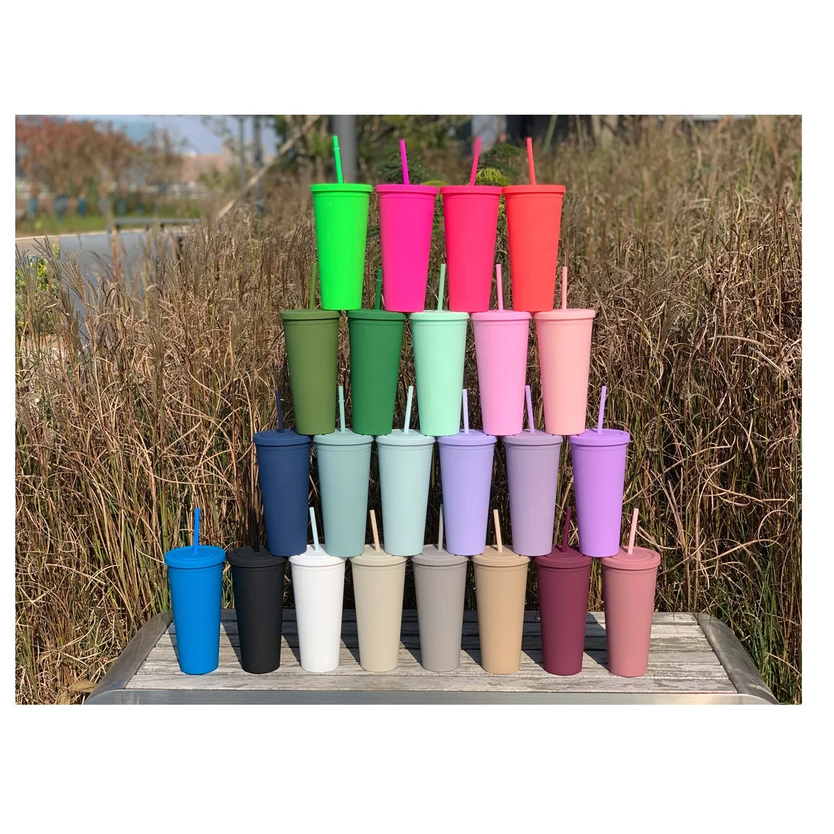 

16oz Clear Colorful Wholesale Acrylic skinny Double Wall Plastic Tumblers Water Bottle with lid and straws, Pink blue, black, white purple and so o