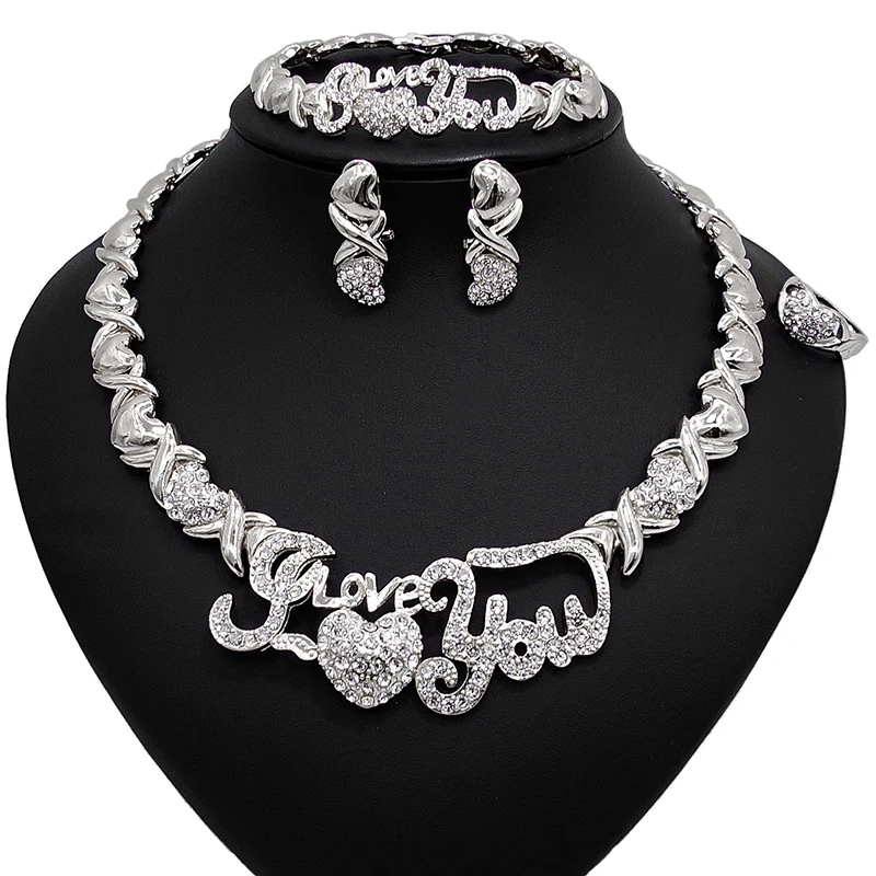 

Hot sale silver X love diamond design Dubai special big suit wedding party ladies special clothing jewelry set stainless steel d