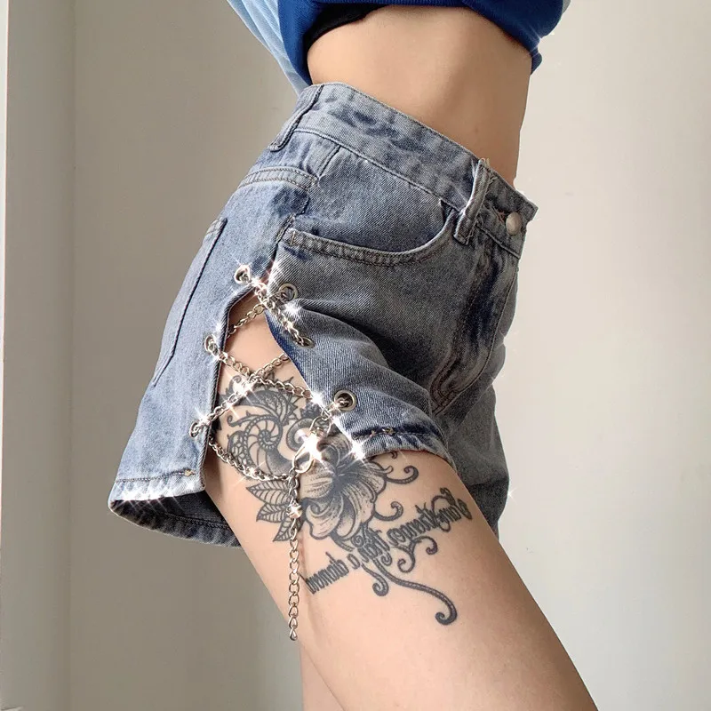 

Trendy Asymmetrical Chain Denim Sexy Hot Side Slit Summer Pants Womens Jean Shorts, Customized