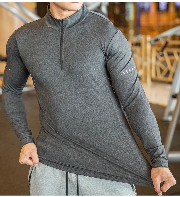 Compression Shirts Men Fitness Wear Quick Dry Custom Long Sleeve 1/4 Quarter Zip Pullover Gym T