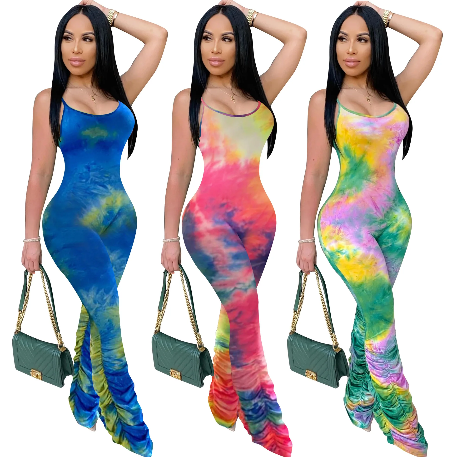 

Wholesale Sexy Tie Dye Women Bodycon Halter Sleeveless Strap Stacked Jumpsuit