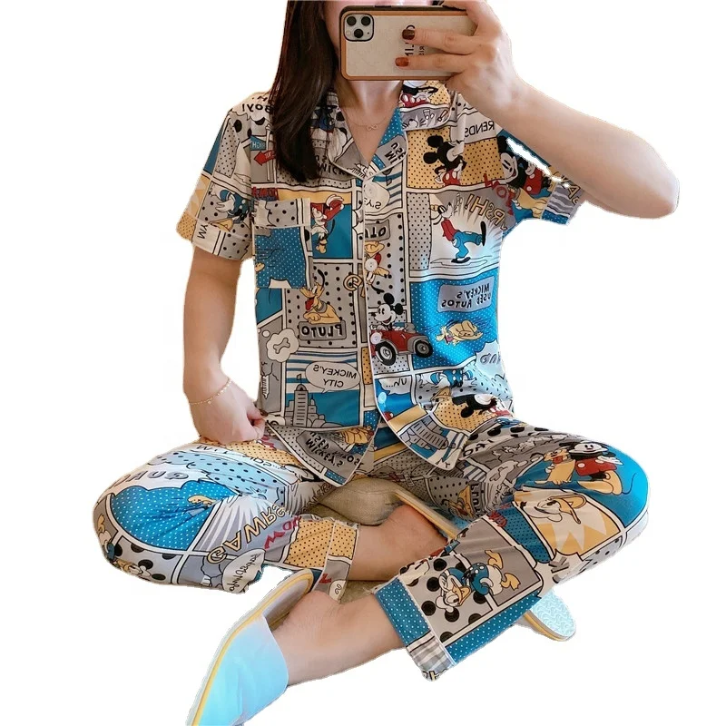 

Factory wholesale spring and autumn new short-sleeved trousers cardigan lapel 2-piece home service pajamas, Picture shows