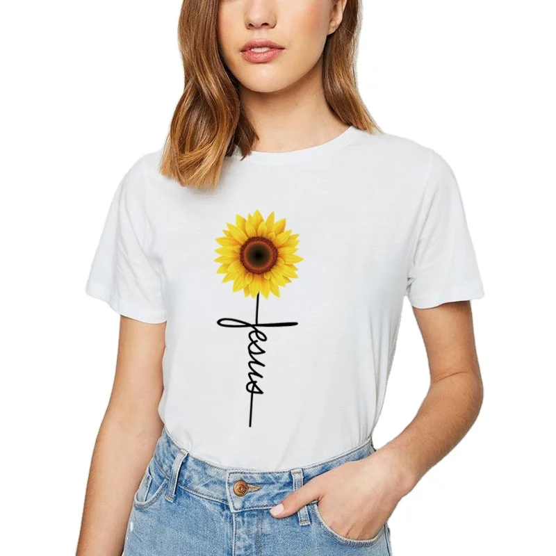 

Girls Bottoming Shirt Printed Cotton Short Sleeve Casual Loose Sunflower Faith T-shirt