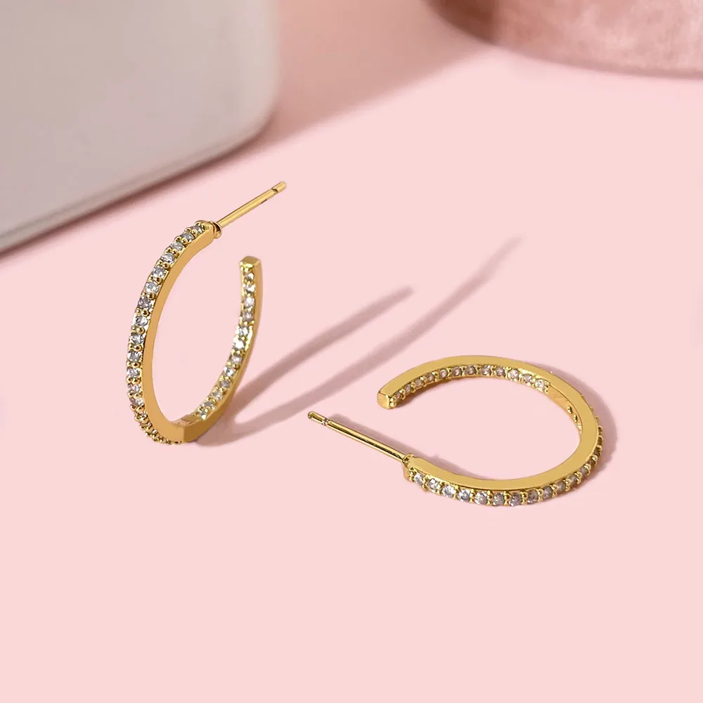 Simple Design 18K Gold Plated Waterproof Chunky Pave Cubic Zirconia Hoop Earrings Women