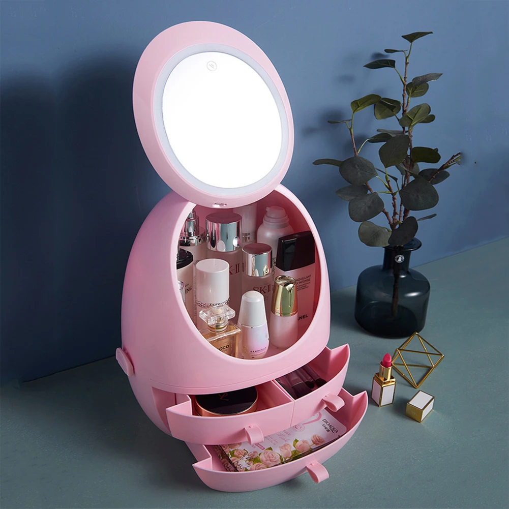 

Makeup Box With Led, Light Mirror Drawer Type Portable Desktop Dust Net Red Cosmetic Storage Box/, Pink, white