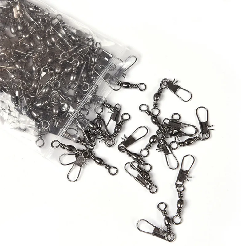 

100PCS/Lot Fishing Connector Pin Bearing Rolling Swivel Stainless Steel with Snap Fishhook Lure Tackle Accessories, Black