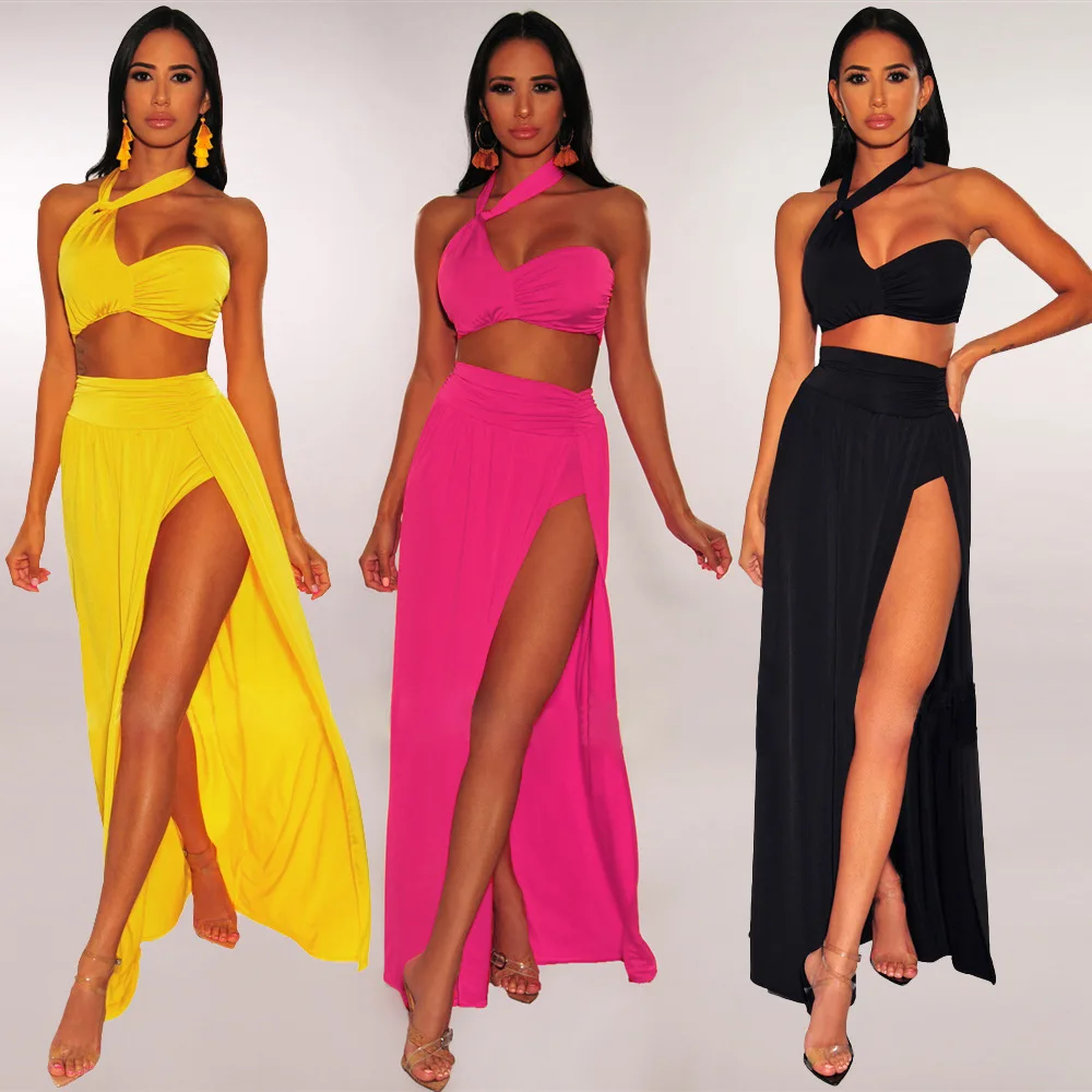 

Sexy seaside solid color halter bikini split swimsuit beach skirt two-piece female