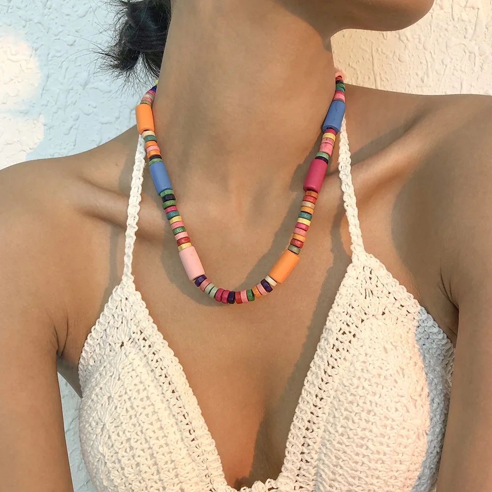 

juhu bohemian holiday style necklace geometric color wood beads beaded necklace exaggerated women's accessories, Picture show