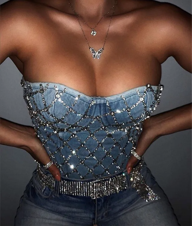 

B14461A 2020 Summer new lady fashion backless sexy crystal jeans vest tops, Black/white/gray/red/purple/green/blue/beige