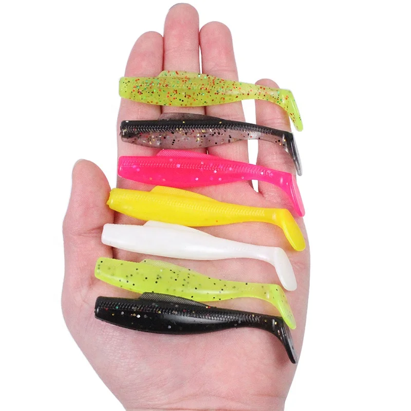 

OEM and on stocks floating water high elasticity T-tail soft bait 6 pieces of each pack 8cm 3.5g soft worm bait, 7 colors