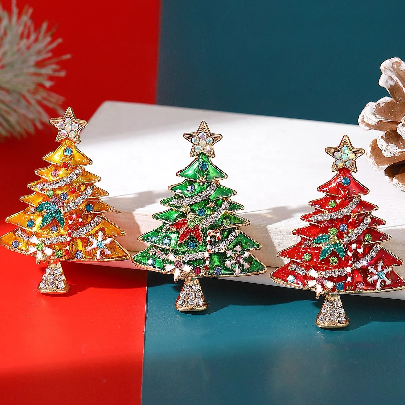 Wholesale Colored Christmas Tree Rhinestone Brooch Pin Wedding Party Jewelry Xmas Gift