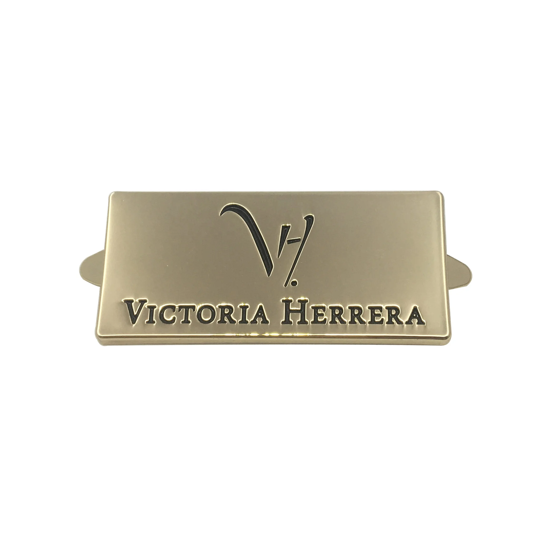 

High-grade designer shining gold metal brand with black letters logo metal plate logo label for handbags, Nickle ,gold ,gunmetal or as your request
