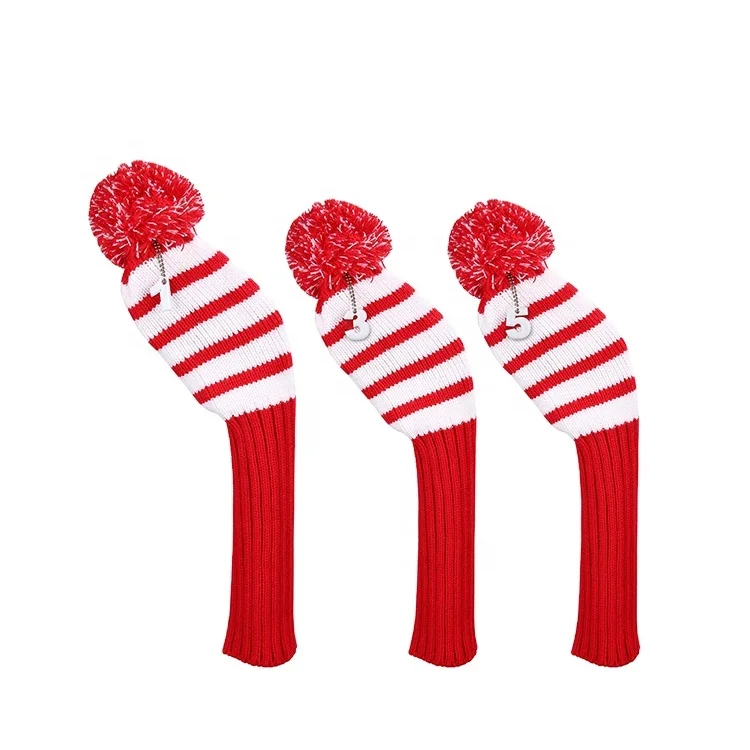 

New listing fashionable customized logo knitted pompoms golf headcovers for wooden club, Black and white stripes/red and white stripes