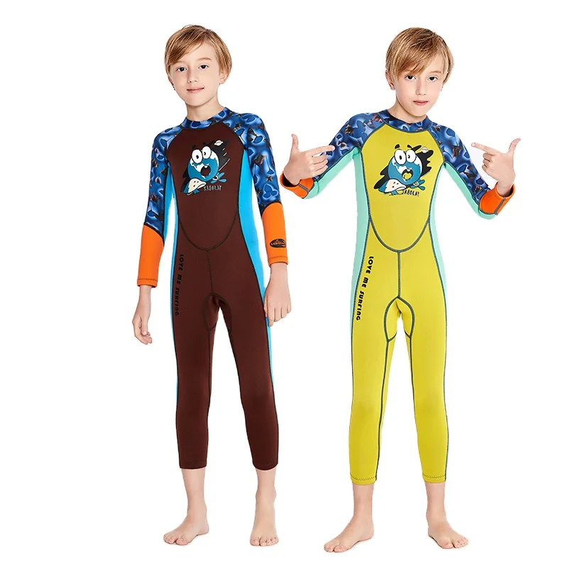 

2021 New design Children's conjoined warm zipper Neoprene boy sun protection free diving wetsuit, Yellow,brown