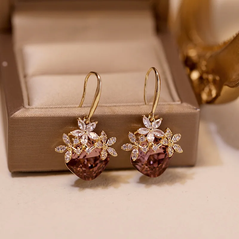 

Delicate Women Real 18k Gold Plated CZ Crystal Flower Hook Earrings Round Square Cut Cubic Zirconia Drop Earrings
