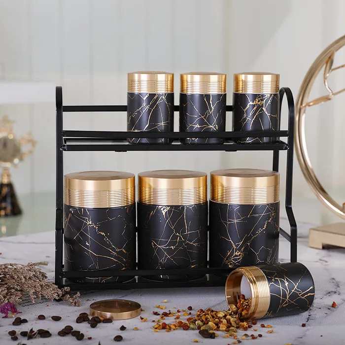 

Home kitchen teaware accessories vintage pottery caddy cans tanks box empty unique spice jar tea storage honey jars with Lid, Black and gold