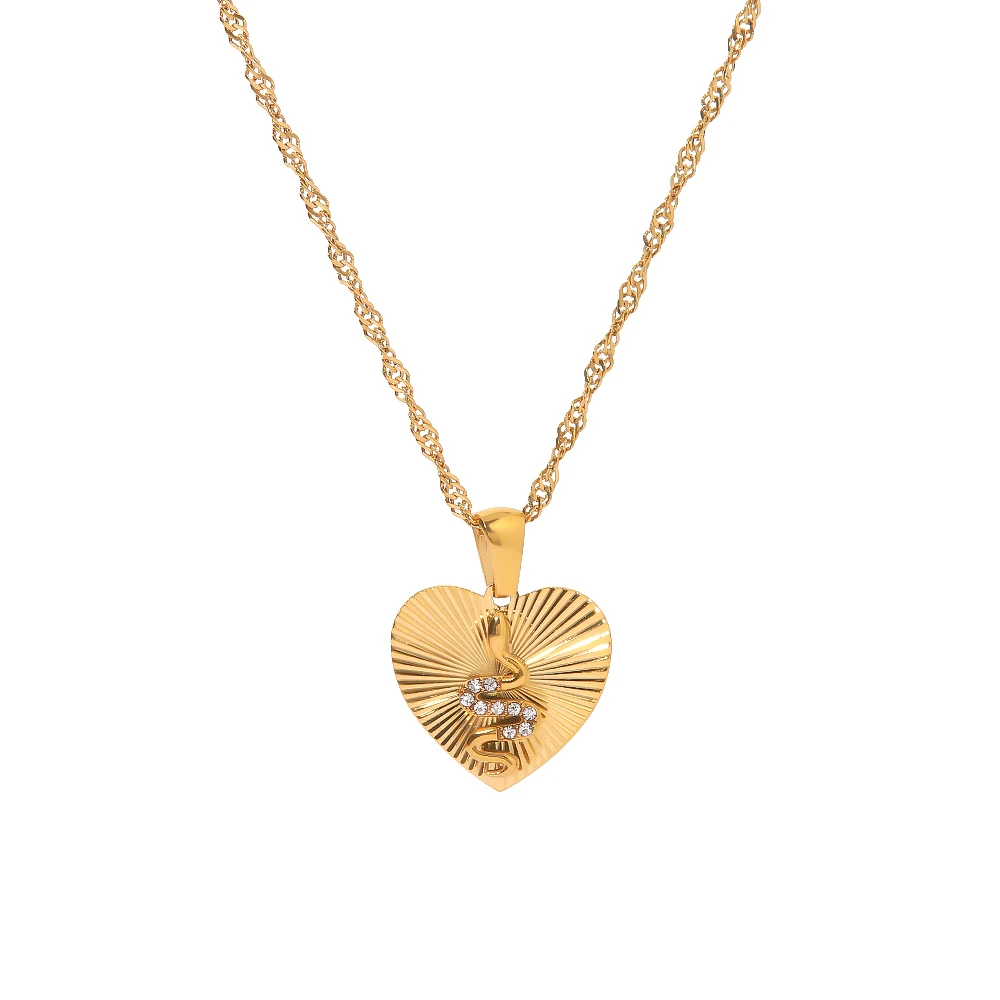

New Trend Jewelry 18K Gold Plated Stainless Steel Zircon Snake Sunburst Heart Pendant Necklace