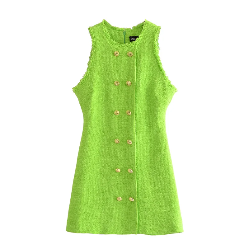 

Crew neck candy green color double breasted sleeveless tweed casual cute dress with tassels