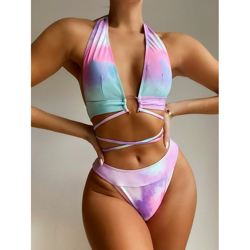 

2021 Best Selling New Style Quick-drying Women Tie Dye Sexy Hot Bikini Wholesale Sports Swimwear, As pictures