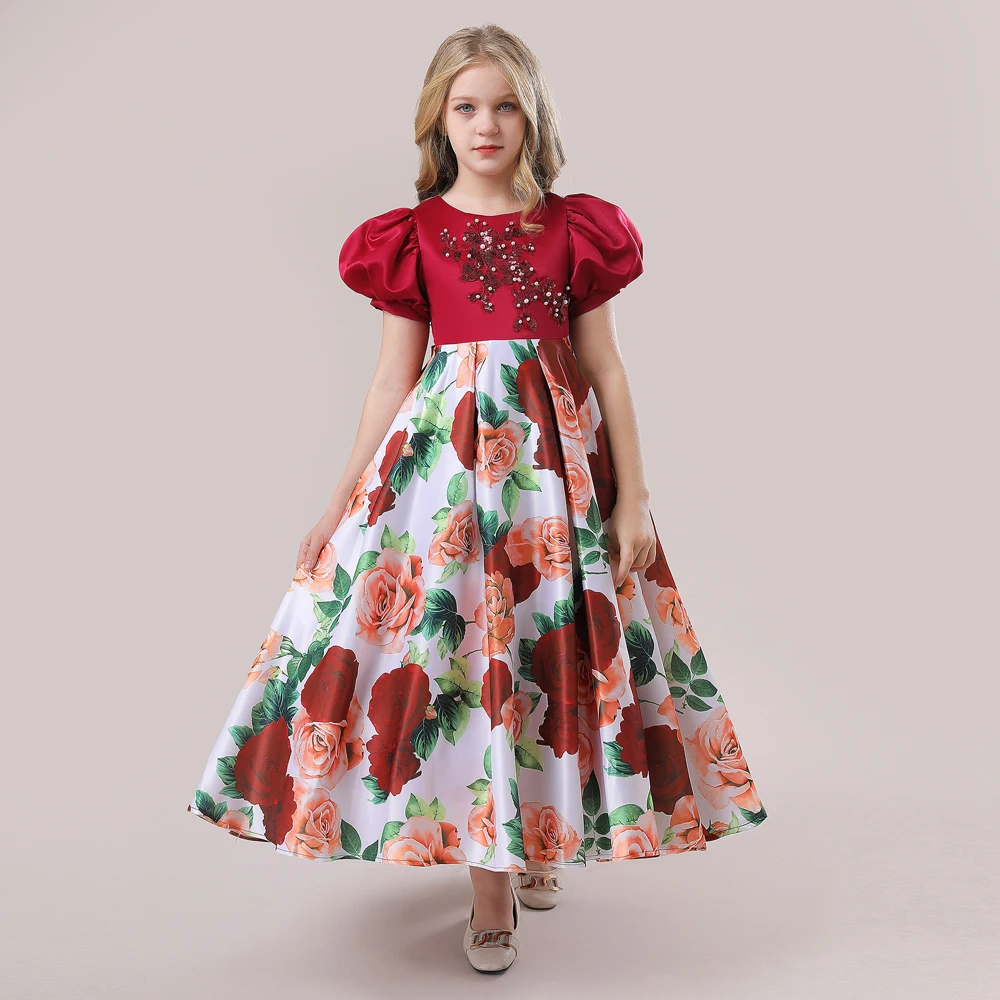 

MQATZ Girls Floral Print Fold Pleated Party Dress Fancy Satin Party Dress For Children LP-319