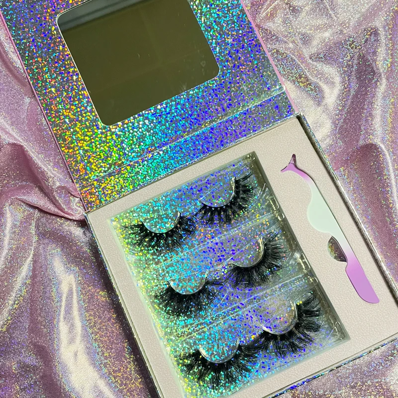 

Custom 100% mink eyelashes packaging box vendors wholesale lashes empty holographic 25 mm lash books with mirror, Natural black
