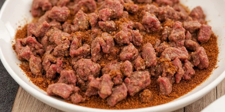 Ground beef sizzling in a pan with spices.