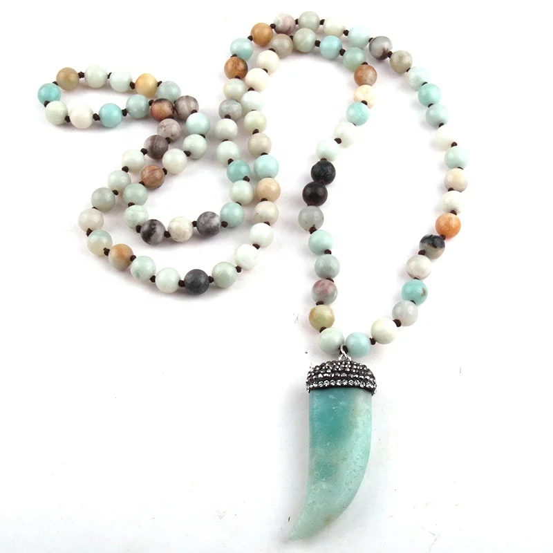

Fashion Women Bohemian Ethnic Necklace Tribal Jewelry Amazonite Stones Long Knotted Stone Ox Horn Teeth Pendant Necklace
