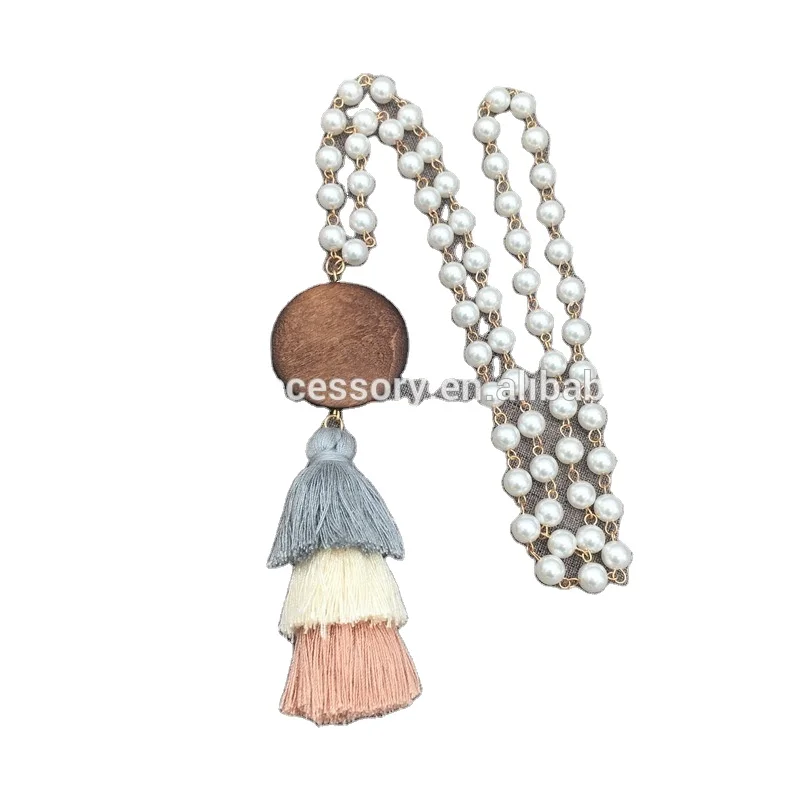 

8mm pearl handmade 40mm wood disc three layers tassel long pendant necklace