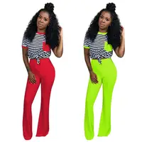 

QA3822 women fashion striped t shirt and pants two piece set