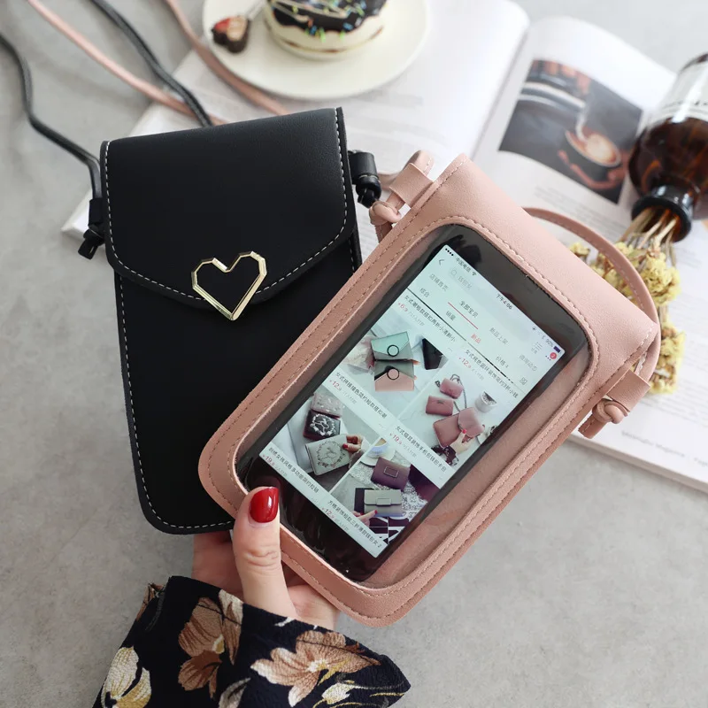 

Women Heart-shaped Transparent Screen Mobile Phone Bag New Mini Messenger Bags Lady Handbag and Women Mobile Phone Bags