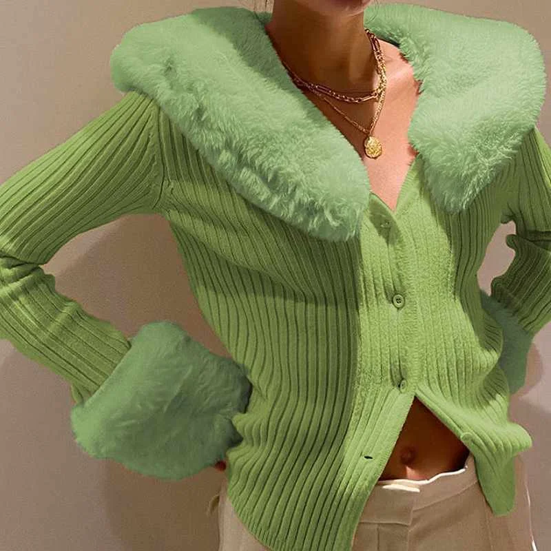 

Fall Faux Fur Collar Knitted Sweaters Jacket Pure Color Fashion Fitted Women Cardigan Sweater, Green