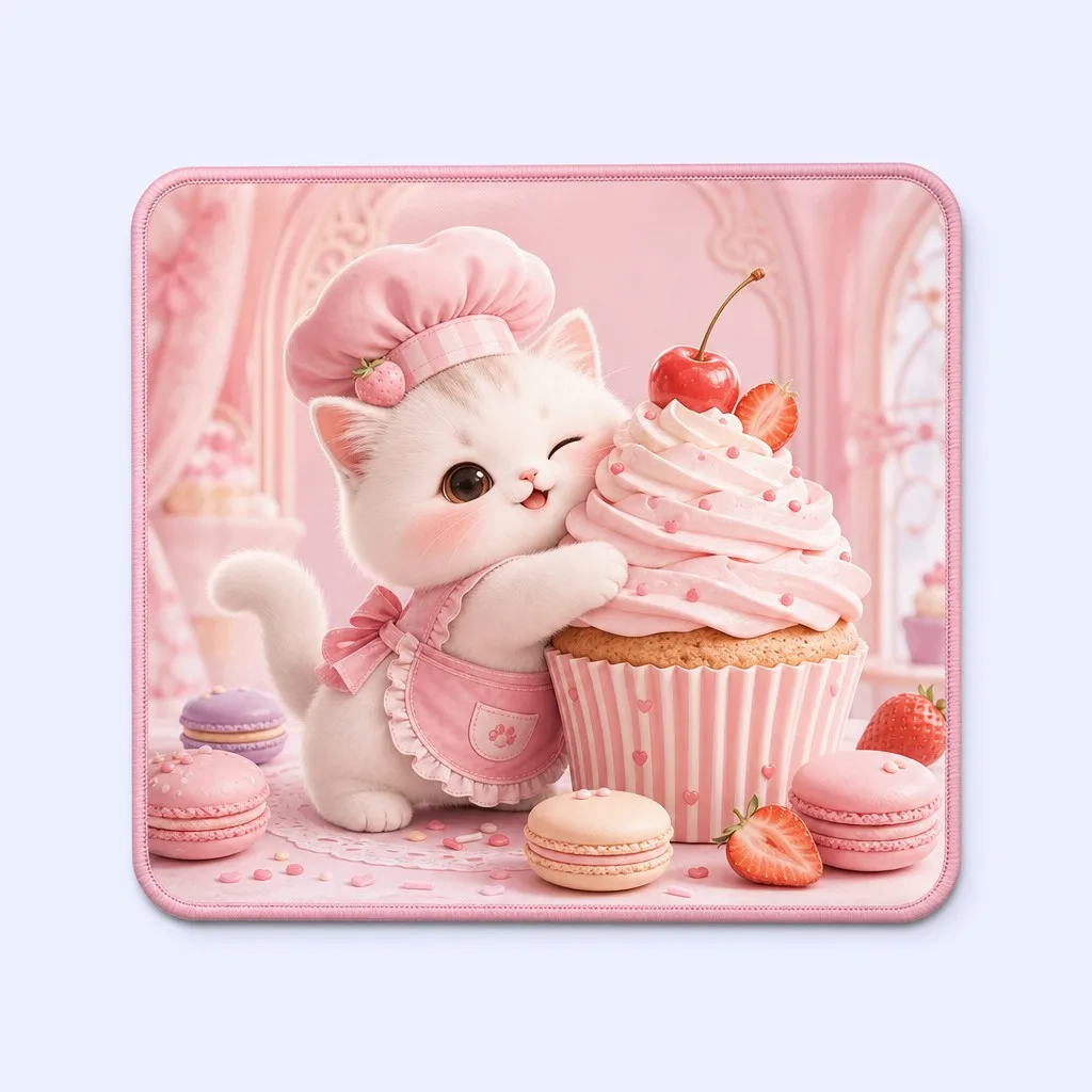 Pastry Chef Kitty Hugging Strawberry Cupcake