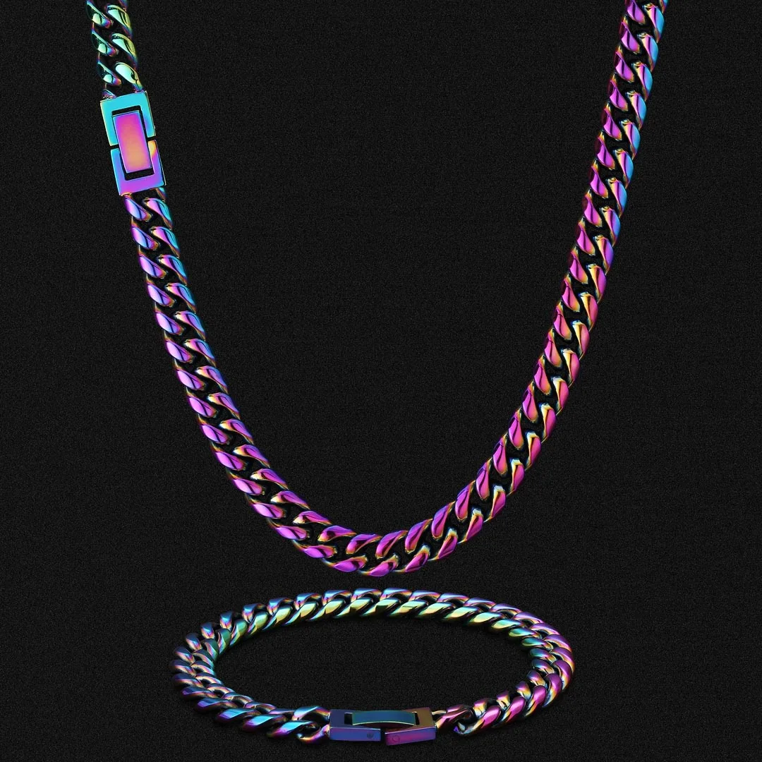 

21% off KRKC 8mm Rainbow Color Stainless Steel Miami Cuban Link Bracelet and Necklace Set