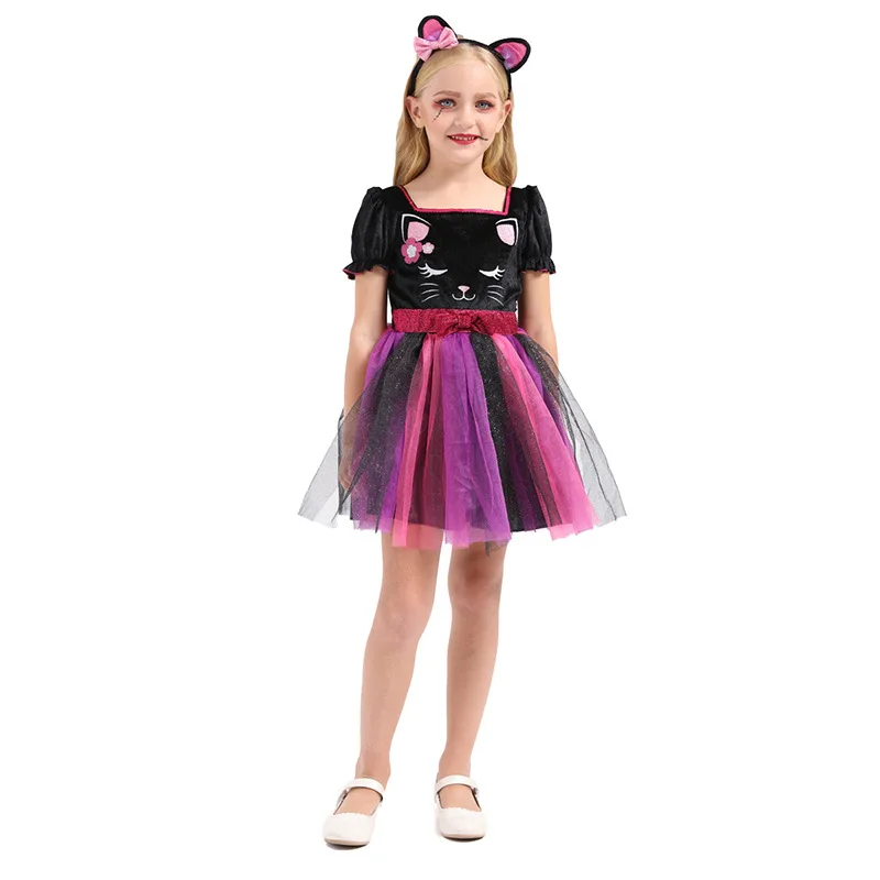 

Carnival Halloween Party Kids Girls Lovely Costume Cat Cosplay Witch Dresses, As shown