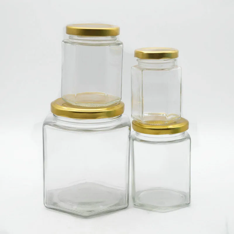 

Clear Hexagonal Shaped Glass Storage Jar with Metal Lid,280ml Facetted Jar, Clear glass container