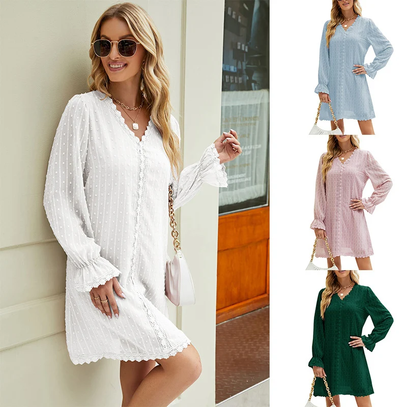 

Newest Autumn women's dresses v-neck long sleeve lace chiffon casual dresses