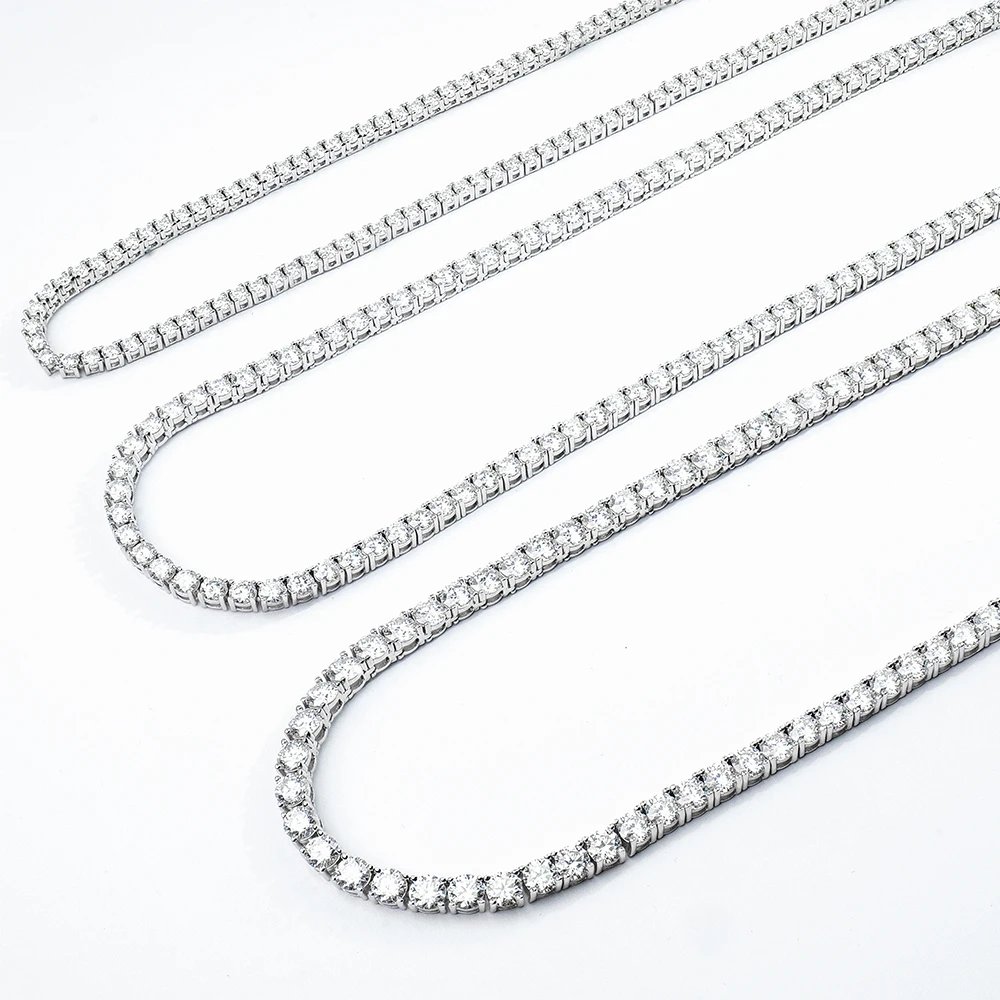 

Factory Wholesale 2-5mm Fine Hiphop jewelry White VVS 925 Sterling Silver Mossanite Moissanite Diamond Tennis Chain Necklace