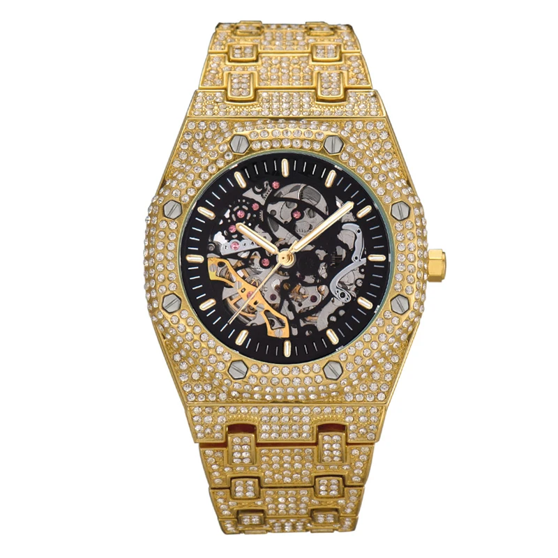 

Blues RTS Wholesale Hip hop Luxury jewelry yellow gold full diamond mens automatic mechanical wrist watches