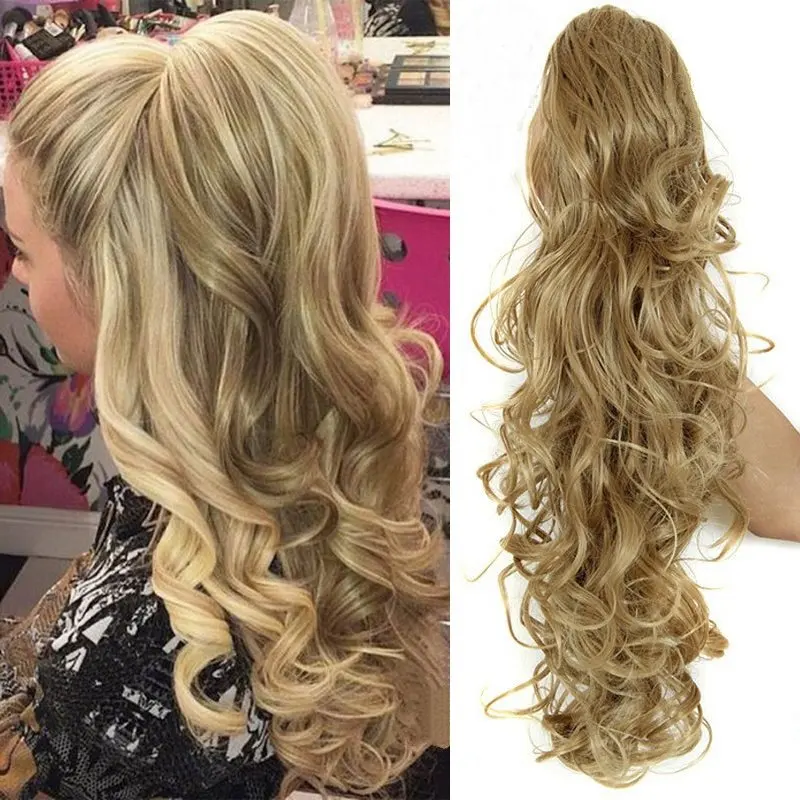 

Hot sales very Long Wavy Curly Synthetic hairpieces Claw Ponytail hair Clip In synthetic Hair Extensions