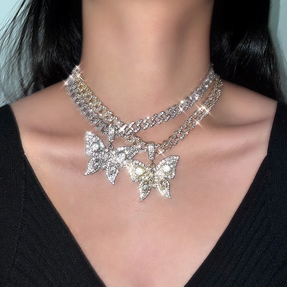 

Unique Chunky Design Geometric Square Shape Chain Large Summer Beautiful Animal Butterfly Charm Necklace, Gold silver plated