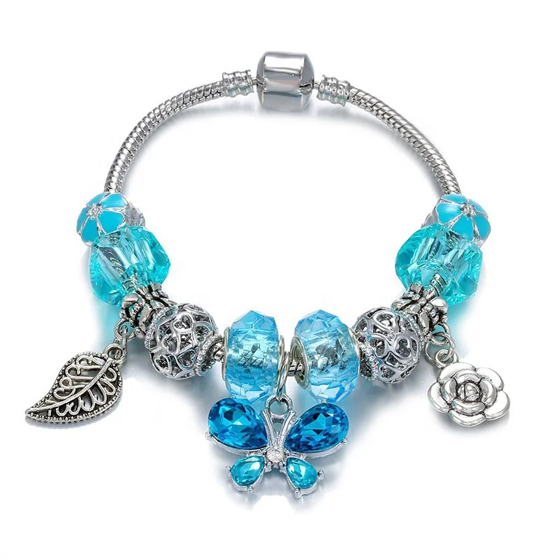 

Free Shipping Jewellery Tree Leaf Rose Flower Pendant Brass Alloy Beads Jewelry Women Butterfly Crystal Bracelet, Purple,red,pink,blue