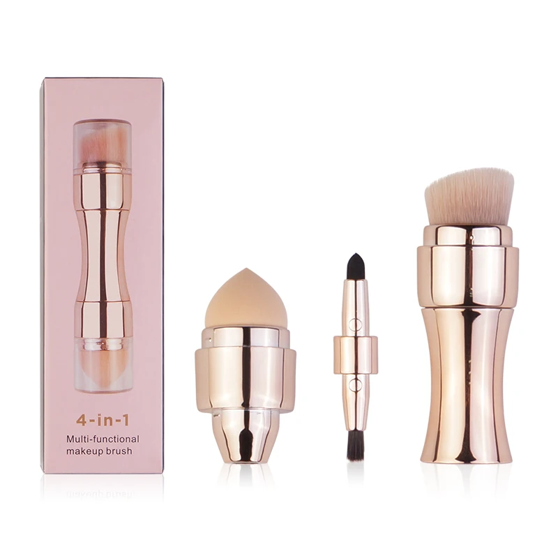 

Portable Retractable Travel Foundation Brush Kit Lips Eyeshadow Cosmetic Brushes 4 in 1 Multi-functional Makeup Brush Set, Gold,rose gold or customized
