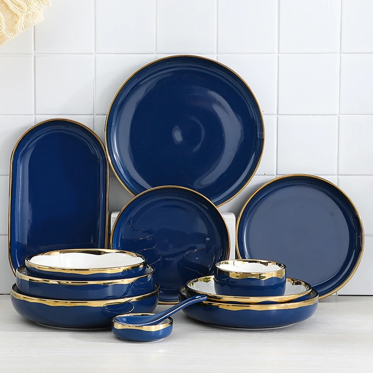 

Hy Nordic High Quality Dinnerware Sets Plates Bowls Tableware Ceramic Dinner Set Gold Rim Dinnerware Set, Colorful