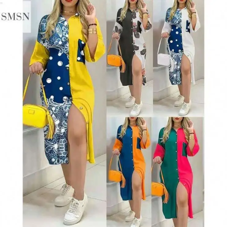 

SMSN QueenMoen Good Quality Lady Dress 2021 Printed Button Pocket V Neck Women Long Sleeve Shirt Floral Casual Dresses