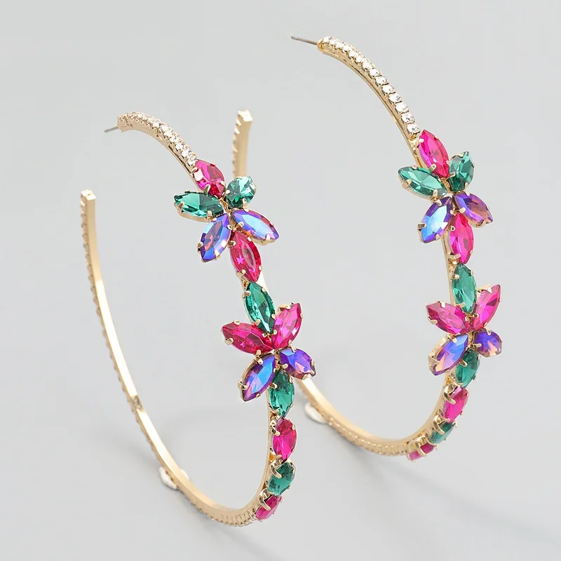 

Fashion Alloy Exquisite Colored Diamond studded Flower Geometric Exaggerated Hoop Earrings Jewelry Wholesale, Color